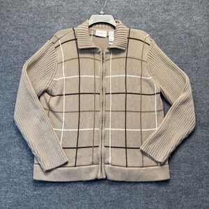Liz Claiborne Liz Sport Full Zip Sweater Jacket Womens‎ Large Brown Plaid Ribbed
